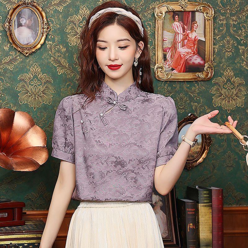 Women Purple Jacquard Chinese Style Mandarin Collar Puff Sleeve Blouse