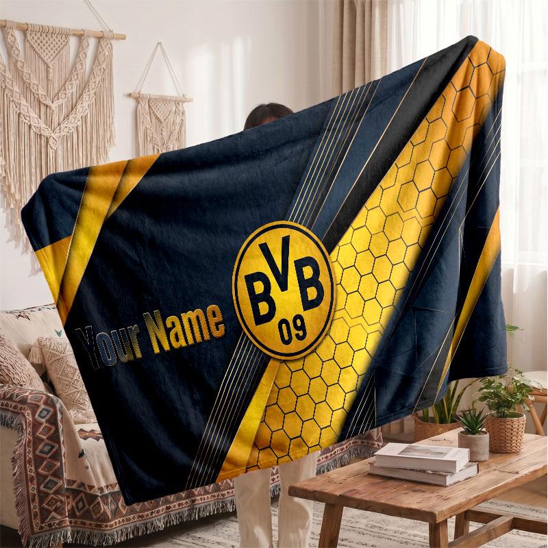 Borussia Dortmund Personalized Fleece Blanket With Football Logo, Custom Name Text Soft Warm Home Throw Blanket
