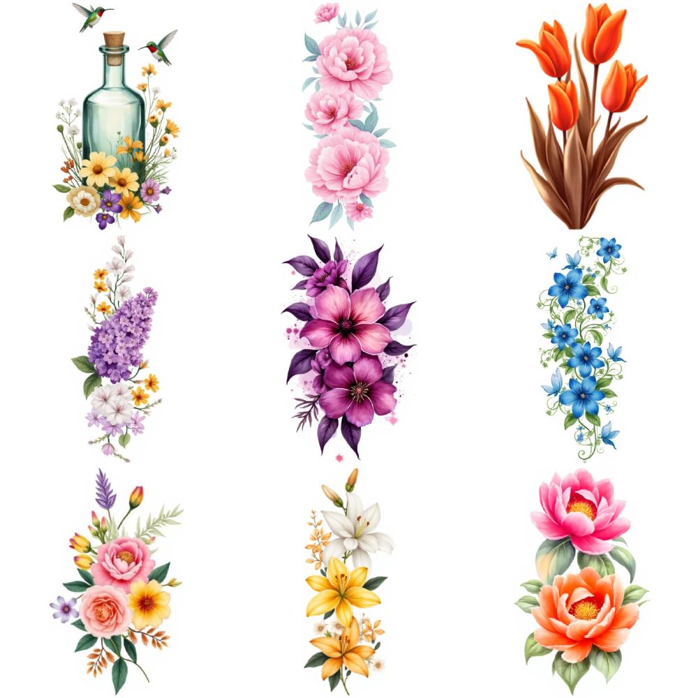9pcs Temporary Tattoo Colorful Hibiscus Tulips Sunflower For Male Thighs Adult