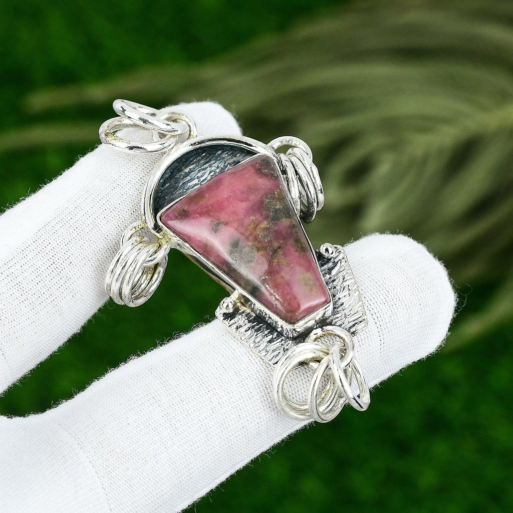 Natural Rhodonite Gemstone Indian Jewelry 925 Sterling Silver Pendant For Girls