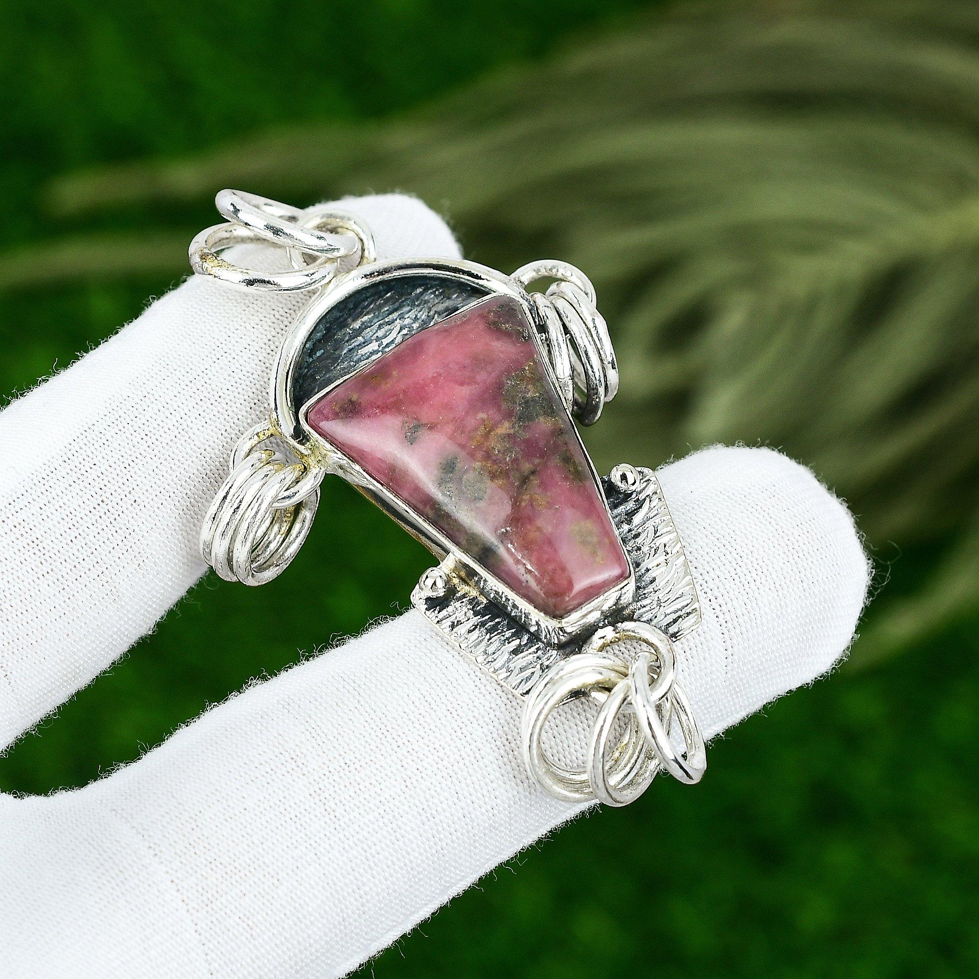 

Natural Rhodonite Gemstone Indian Jewelry 925 Sterling Silver Pendant For Girls