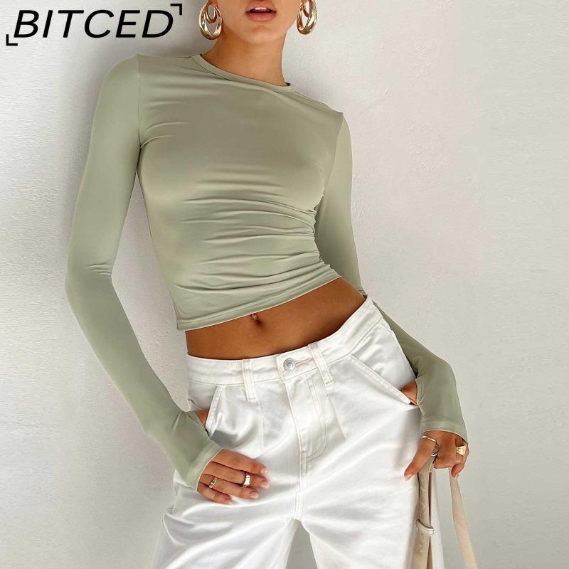 BITCED Women's Spring/Autumn T-Shirt Solid-Colour O-Neck Base Layer Slim-Fit Long-Sleeved Top