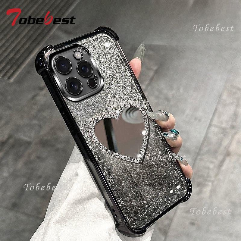 Glitter Plating Love Mirror Bracelet Case for iPhone 16 16E 15 14 Plus 13 12 Mini 11 Pro XS Max XR X Shockproof Silicone Cover