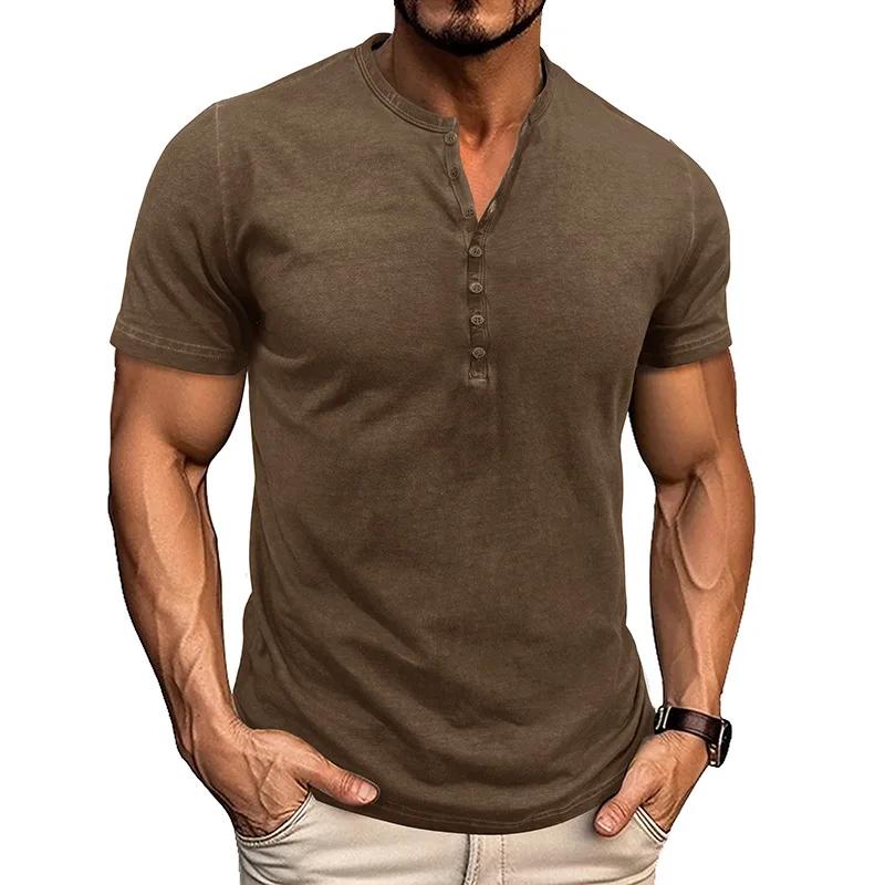 Summer Men's Slim Fit Henley Shirt Short Sleeve Button Henry Neck Casual Solid Color Vintage T-Shirt