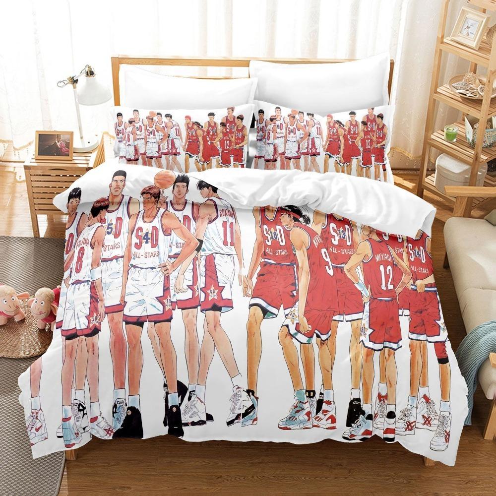 Anime Basketball Theme Microfibre Bedding Sets, Children's Bed Linen with Zip Room Decor Duvet Cover for Teenagers Adult 3-Piece