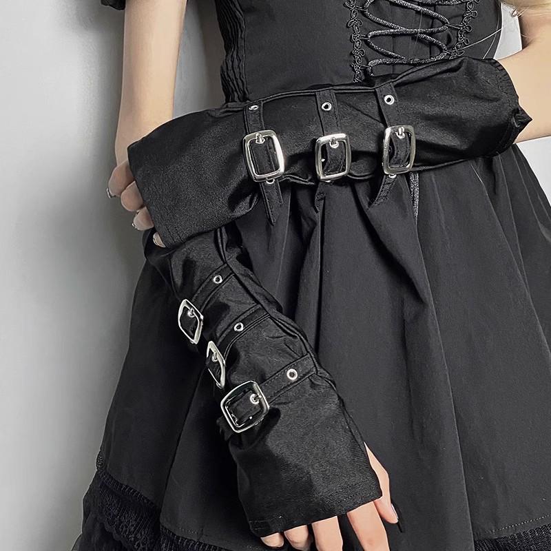 

Black Fingerless Arm Sleeves with Metal Buckle - Women s Autumn-Winter Dark Punk Style Sun Protection Gloves