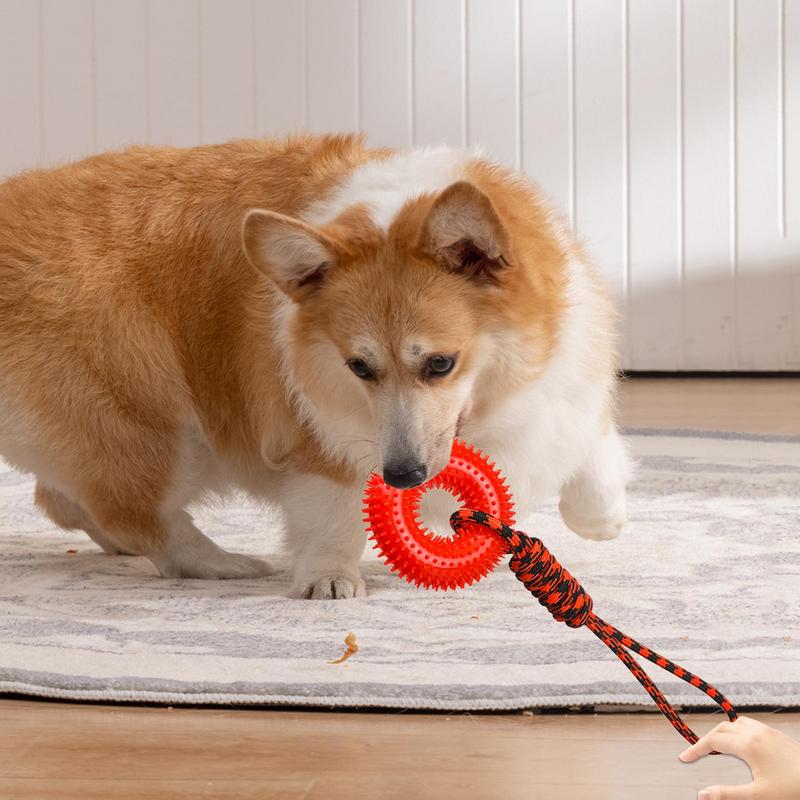 Squeaky Dog Toys Spiky Ring Chewing Trainer Aggressive Chew Indestructible Dog Toy With Rope For Puppy Teething Boredom Relief