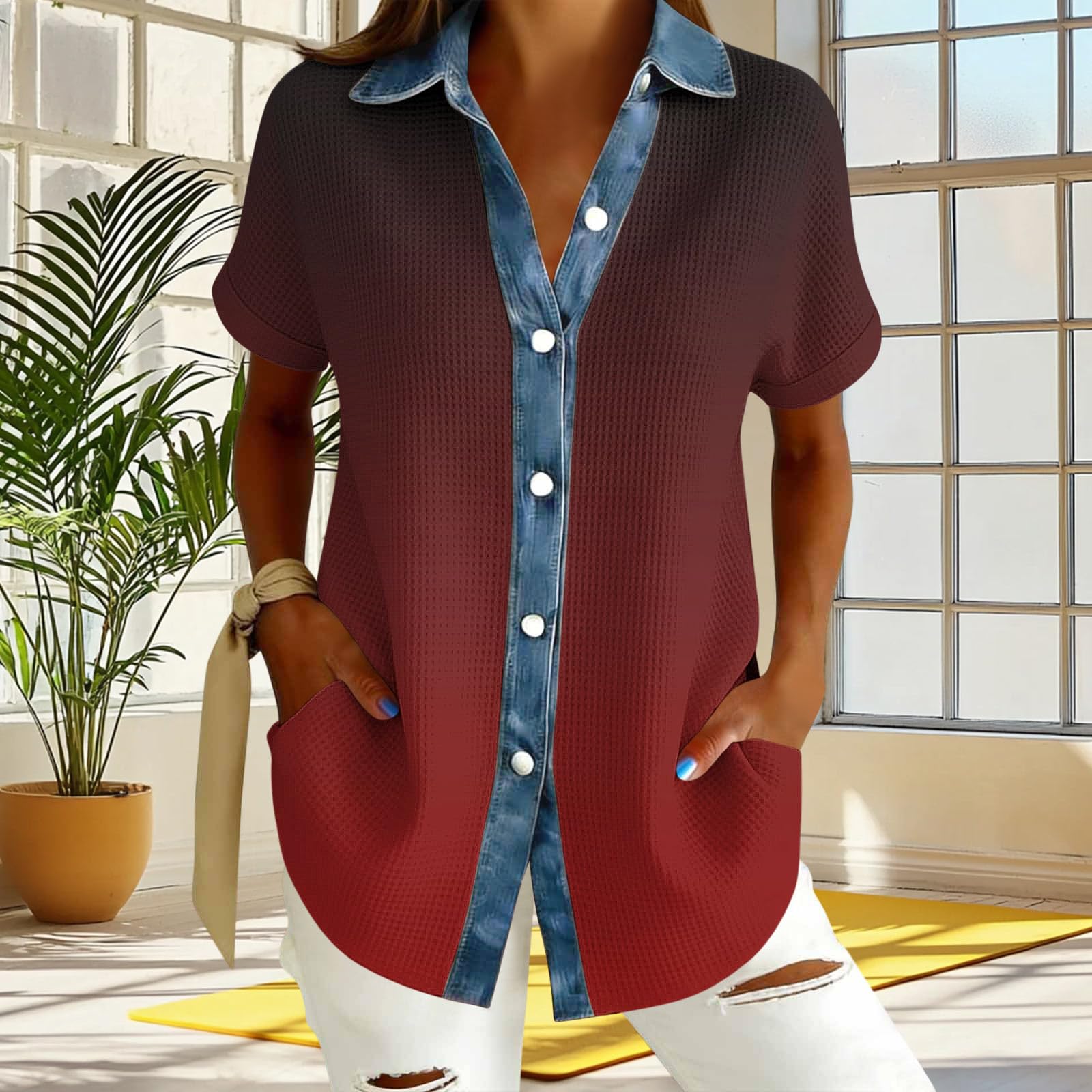 Ladies  Gradient Casual Fashion Short Sleeved Shirt Top M красный