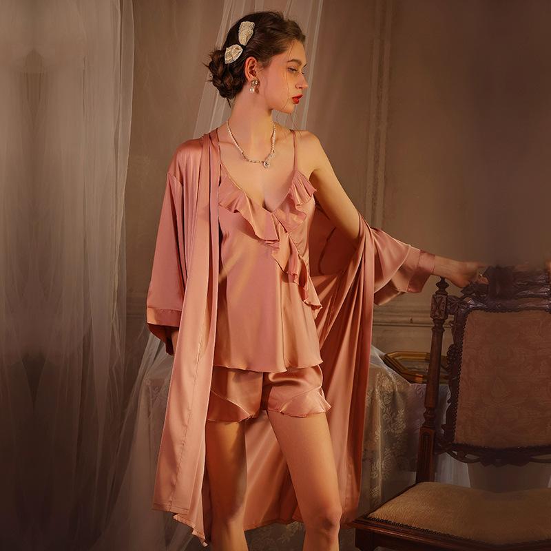 Ice Silk Women's Thin Sexy Suspender Shorts Pajamas Three-piece Set Loose Large Size Nightgown Loungewear European and American