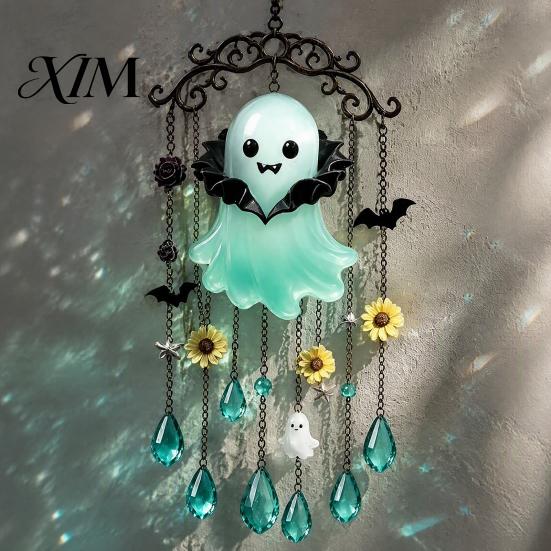 Holiday Wind Chime Halloween Ghost Decoration, Vintage Sun Catcher with Faux Crystal Drops Tassels, Acrylic Hanging Ornament for Party Window
