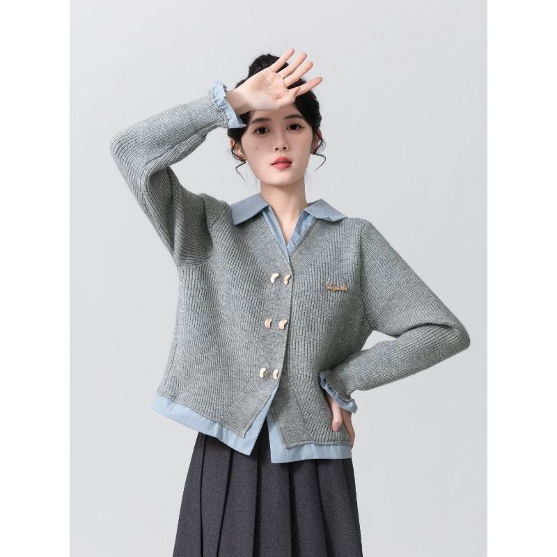 Fake Two-piece POLO Collar Sweater Women Spring Autumn New College Style Patchwork Knitted Cardigan Jacket Short Top