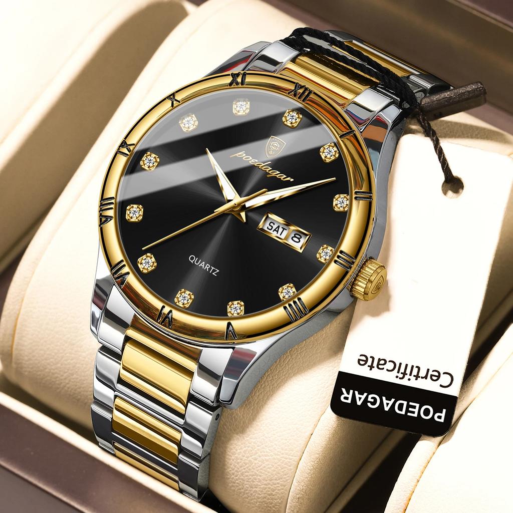 POEDAGAR Top Luxury Watch for Man Date Week Waterproof Luminous Wristwatch Quartz Stainless Steel Men's Watches Sports