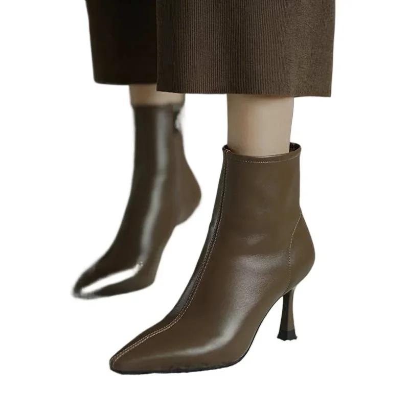 Fashion 2024 Fashion Female Shoes Ankle Women's Boots Elegant Modern Boots Women Sewing Pointed Toe High Thin Heels Side Zip Shoes Women