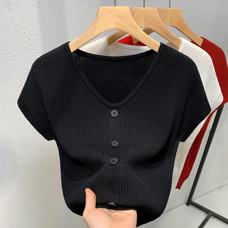 White Thin Knitted Sweater for Women New Women's V-neck Sleeves T-shirt Lazy Style Covering Belly Top