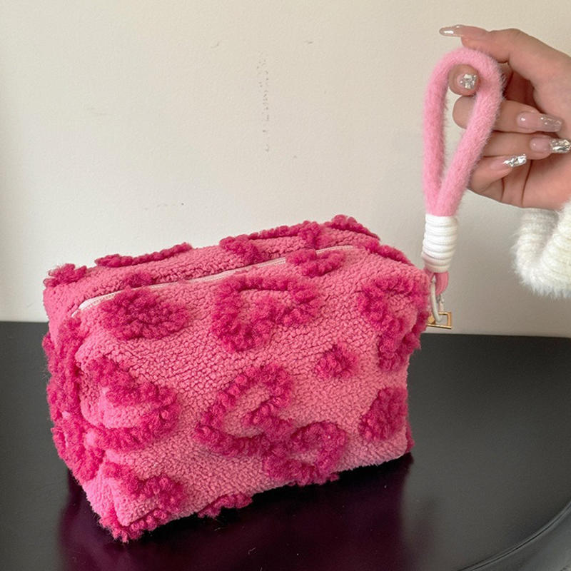 

Plush Makeup Bags Handle Soft Travel Cosmetic Storage Bag Portable Love Print Organizer Pencil Case Cute Clutch Pouch