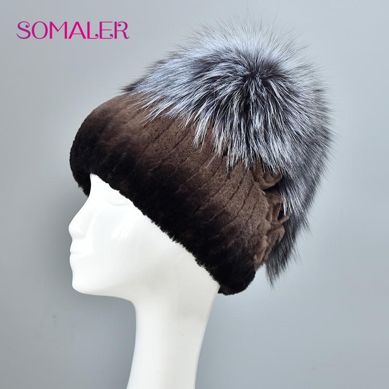 SOMALER Winter Rabbit Fur Hats with Beautiful Fur Flowers on Back Silver Fox Fur Beanie for Women