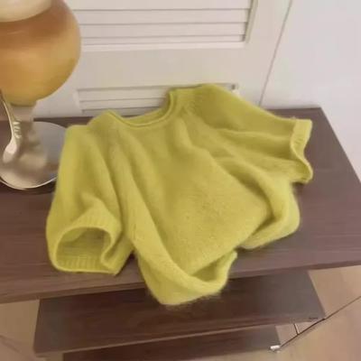Pull d'été 2024 en mohair jaune moutarde à manches courtes - Haut tricoté ample pour femme
