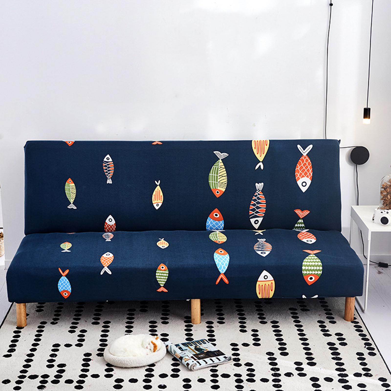 Armless Sofa Cover Folding Couch Sofa Cover Washable Furniture Protector Printed Black leaf