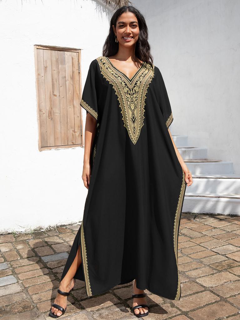 EDOLYNSA Sexy V-Ausschnitt Goldbesticktes Langes Strandkleid, Damen Retro Kaftan Locker Strandbekleidung Urlaub Badeanzug Bikini Cover-up