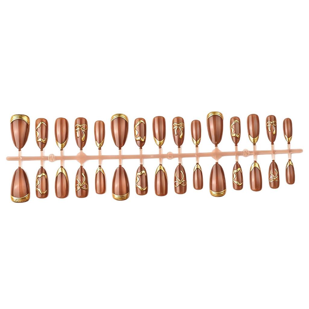 30pcs Gold Foil Cat Eye Almond 3D Bow French Nail Art Set