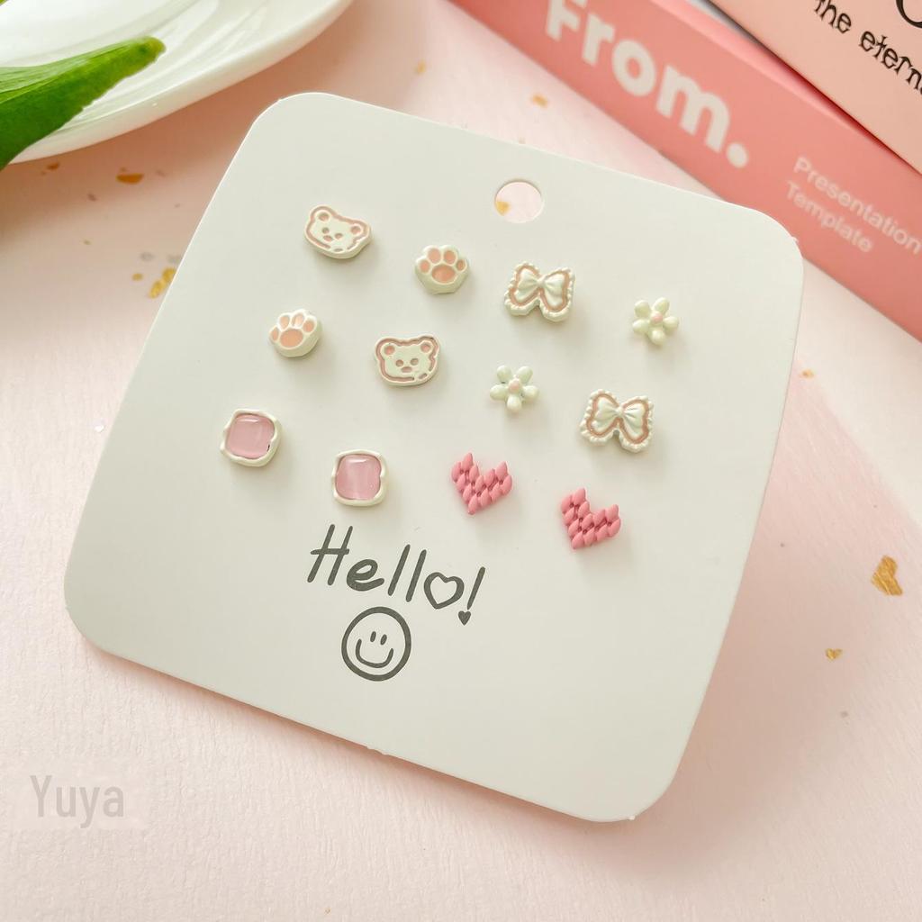 Charming Petite Silver Needle Earrings Set for Women - Cute, Colorful, Sweet Exquisite Styles