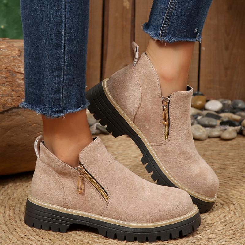 Plus-size Shoes, Double Zipper Thick-soled Boots, Women's Short Boots with Round Heads, Thick Heels and Bare Boots