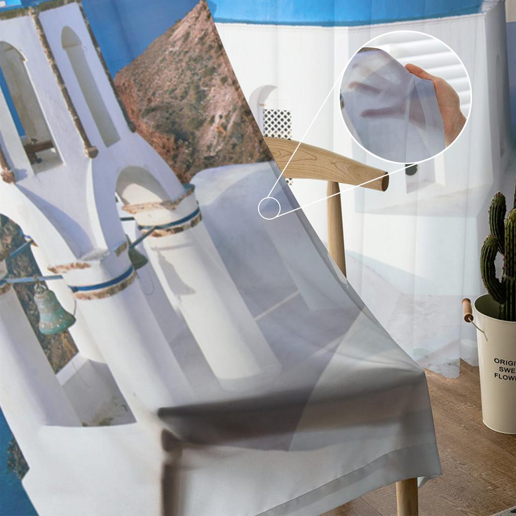 Greece Santorini Blue Roof Church Sheer Curtains for Living Room Decoration Window Curtains Kitchen Tulle Voile Organza Curtains