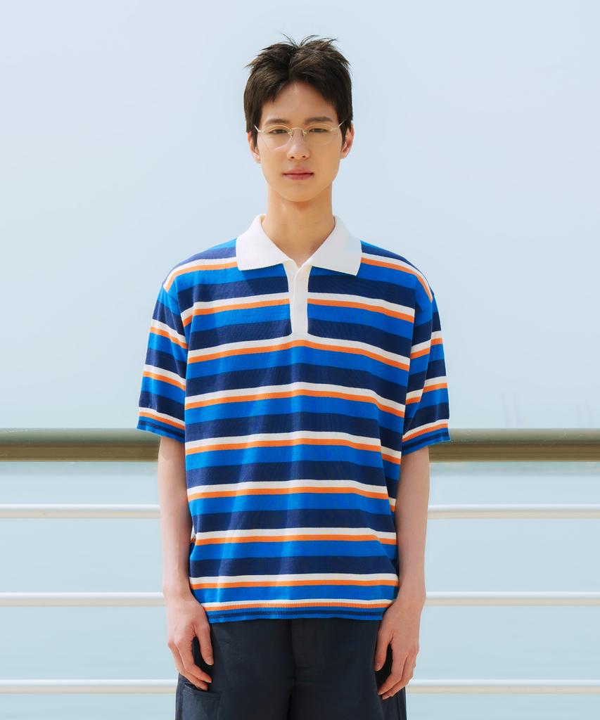 Pieseussi Retro Wave Stripe Collared Short Sleeve Knit _ Blue