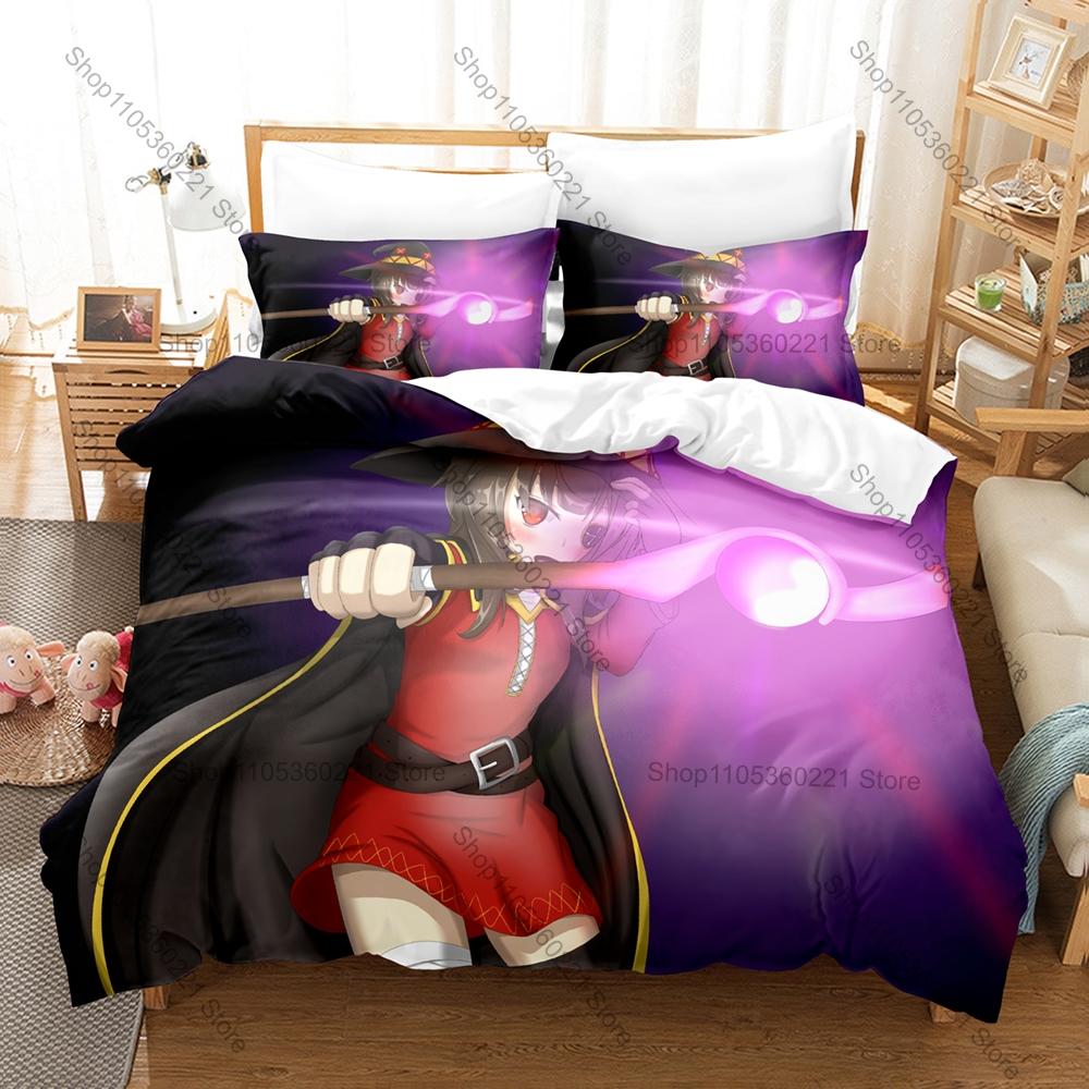 KonoSuba Four Main Party Characters Fantasy Adventure Merchandise Bedding Set Duvet Cover + 2 Pillowcases Anime Fan Holiday