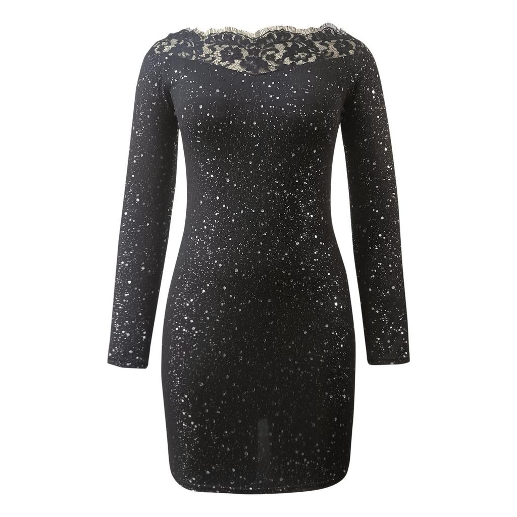 Fashion Womens Loose V-neck Bright Flash Rhinestone Long-sleeved Dress
