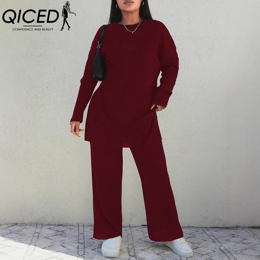 QICED Two-piece Set: A Fashionable, Casual and Slimming Round-neck Long-sleeved Solid-color Knitted Suit