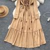 Vintage Western Style Embroidered V-neck Strap Up Waist Long Sleeve Dress for Women French Elegant Grand Swing Long Dress
