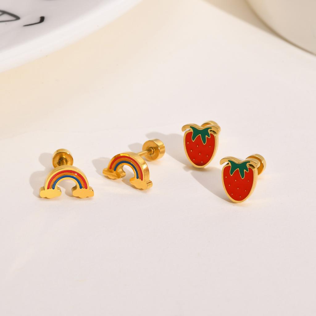 Women's Chic Minimalist Strawberry Stud Earrings, Gold Color Stainless Steel Dainty Charm Rainbow Hoop Dangle Earring To Girls