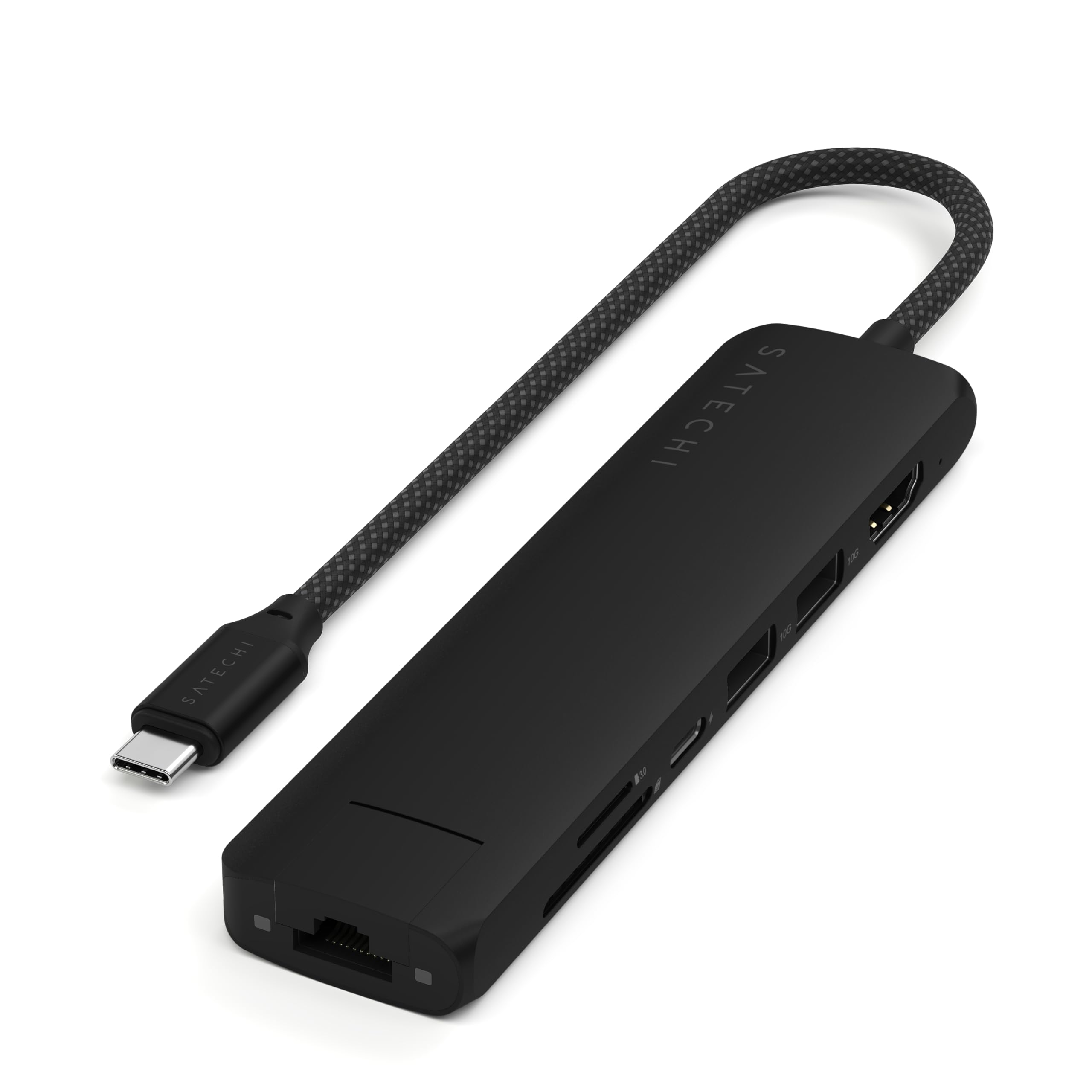 

SATECHI Hub Slim Plus Multiport 4K 100W PD 2 Card Совместимый с USB-устройствами USB-C 7-в-1 Адаптер, HDMI, Зарядка, Порты USB-A, Ethernet, microSD/SD чёрный