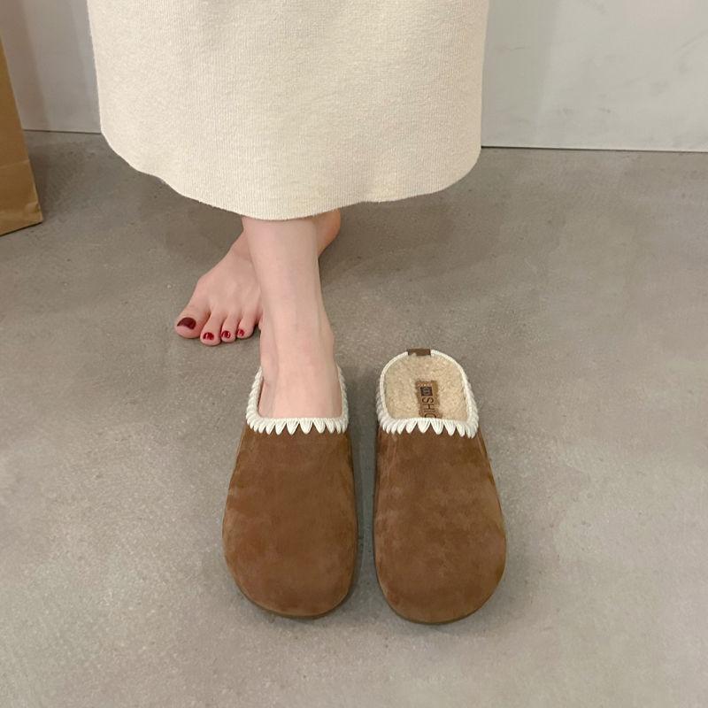 Winter New Thick Bottom Baotou Warm Women's Slippers Round Toe Lace Thickened Plush Cotton Shoes Brown Korean Version Slippers