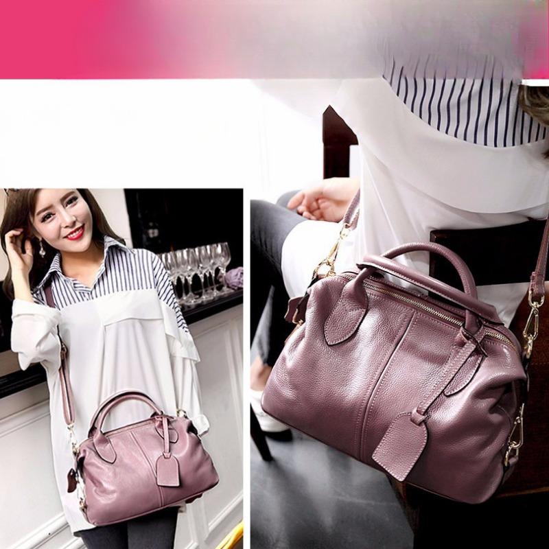 Elegante bolso bandolera Boston de piel auténtica, sencillo bolso de hombro para mujer