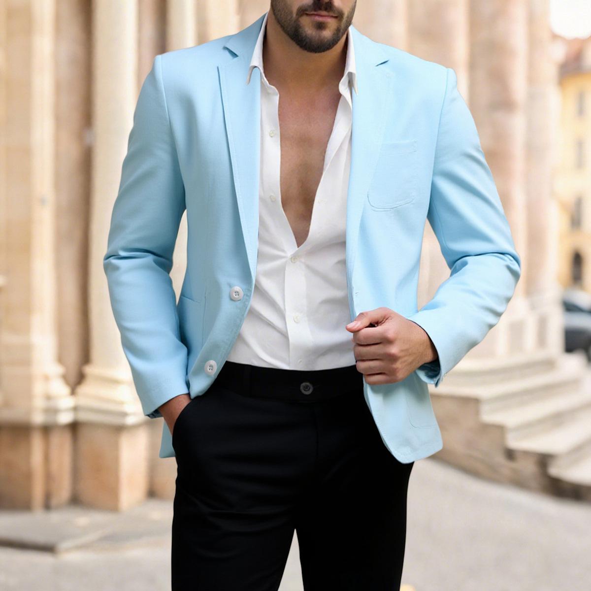 

Мужской повседневный костюм для молодых людей, модный однотонный двубортный костюм на двух пуговицах из хлопка и льна XXXL небесно-голубой
