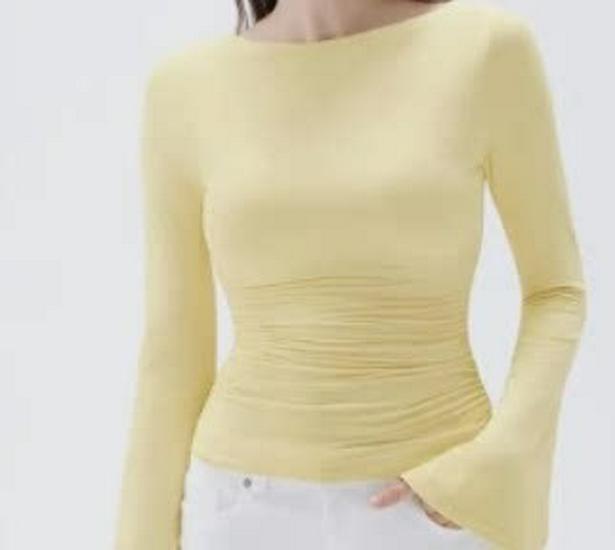 2025 Autumn Slim Fit Women's Boat Neck Bell Sleeve Ruched Top - Solid Color, Long Sleeve