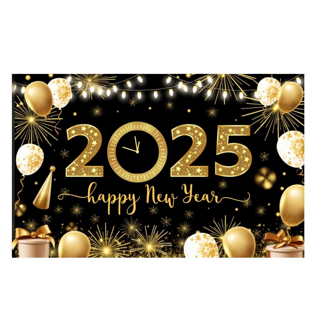 2025 New Year Theme Party Background Fireworks Golden Balloon Clock Banner Decoration Happy New Year Family Photo Supplies