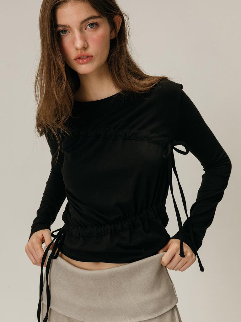 MOIFAIRE Shirring Boat Neck T-Shirt / Black