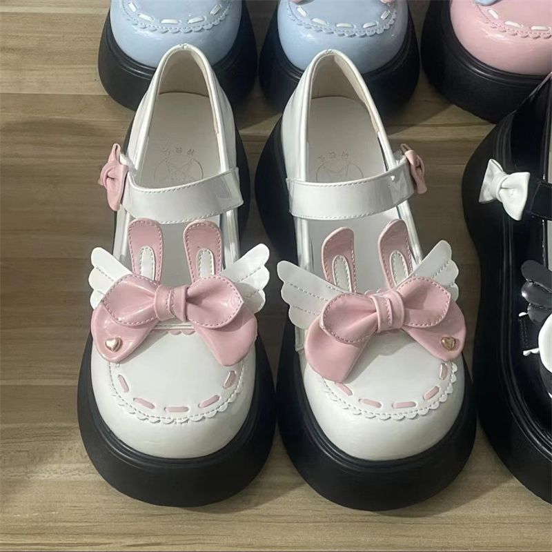 Woman Pumps Round Toe with Bow Cute Japanese Style Lolita Shoes for Women Black Kawaii Elegant Dress Genuine Mark Luxury Brand