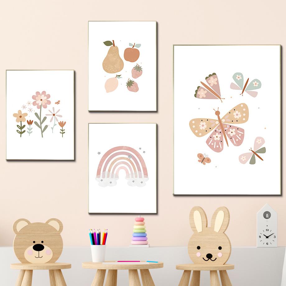 Cute Sun Rainbow Clouds Butterfly Flower Wall Art Canvas Painting Pink Posters And Prints Pictures Girl Kids Room Bedroom Decor