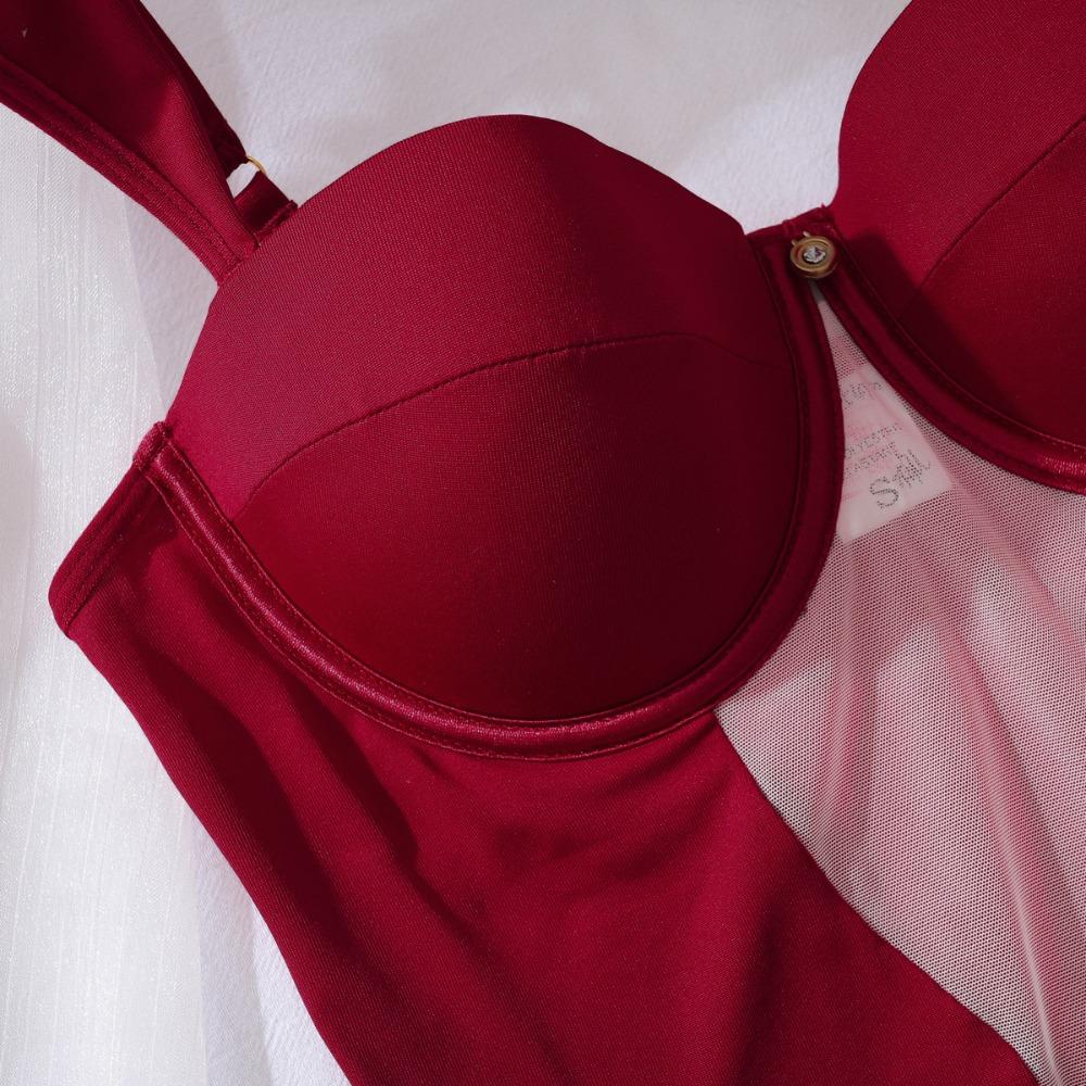 3pcs Women's Lingerie Set Sexy Push Up Bra French Mesh Breathable Sling Tops Burgundy Underwear Bras and Thong with Leg Straps