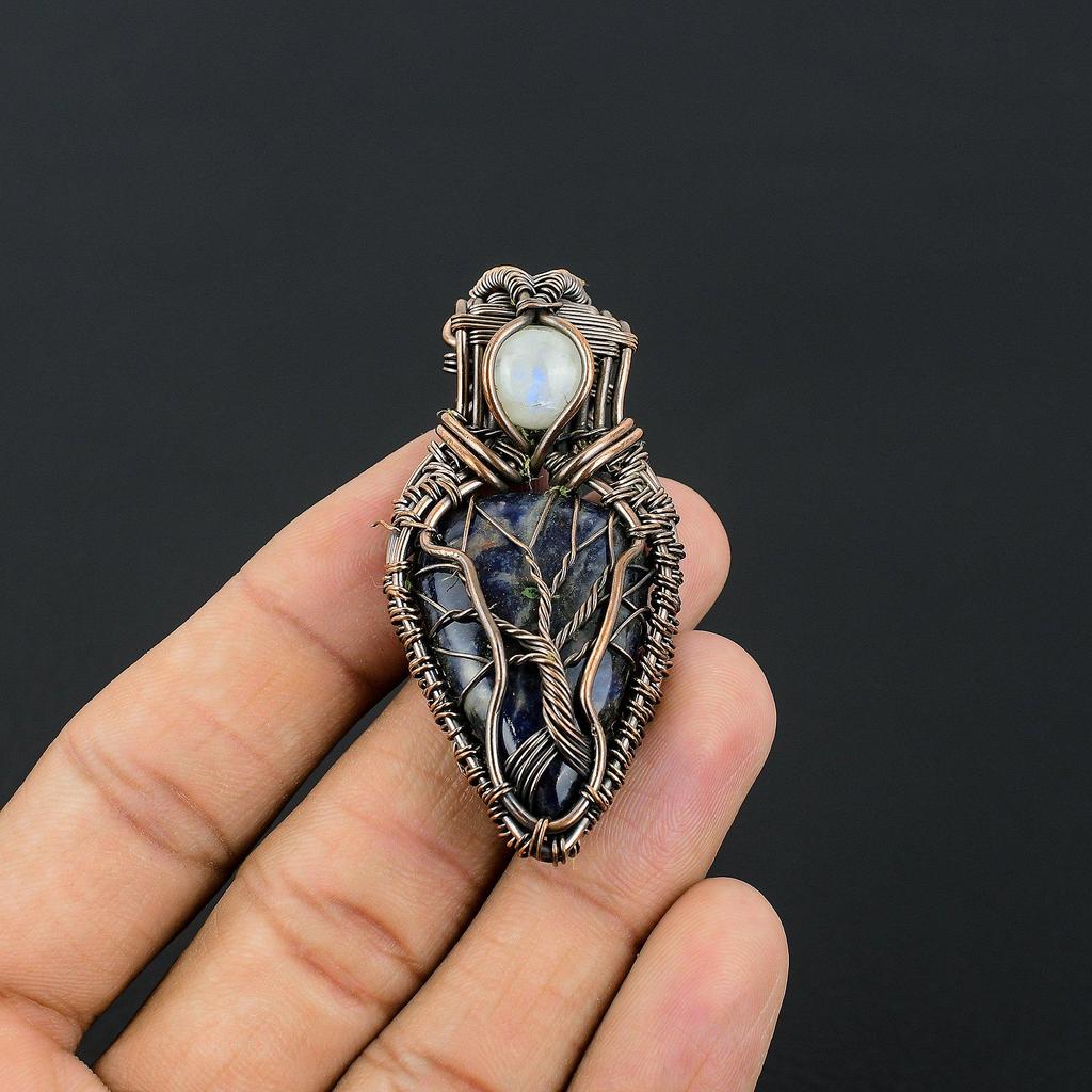 Sodalite & Rainbow Moonstone Pendant, Gemstone 999 Copper Wire Wrapped Jewelry Pendant, Handmade Jewelry Birthstone Pendant, Gift For Him