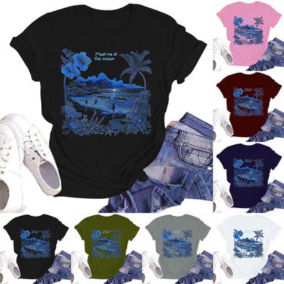 Damen Casual Mode Street Slim Kurzarm Hawaiianisch Bedrucktes T-Shirt Top