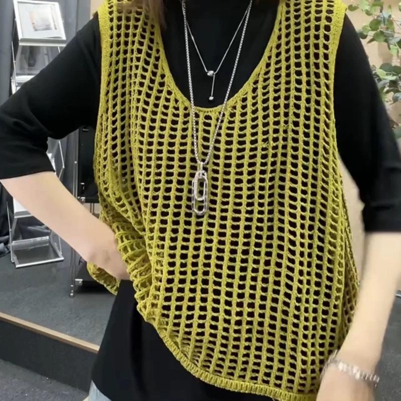 Summer Retro Loose Fishing Net Round Neck Knitted Vest Women's Hollow Out Versatile Vest Women