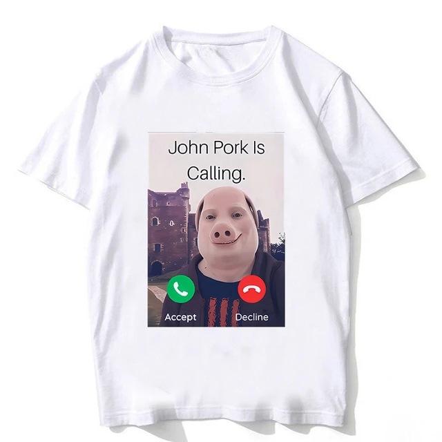 John Pork ruft an Anruf annehmen Telefon T-Shirt Humor Lustiges Schwein Grafik T-Shirt Streetwear 3D Gedrucktes Schwarzes Kurzarm T-Shirt Oberteile
