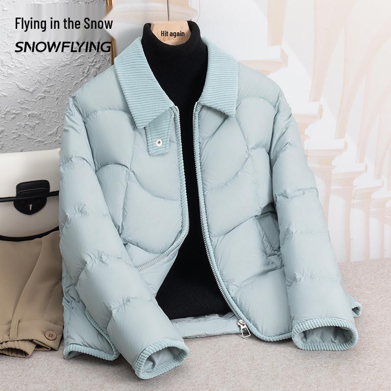 

Women s Winter Goose Down Jacket: Lightweight, Warm, Short Coat with Turn-Down Collar 2XL светло-синий