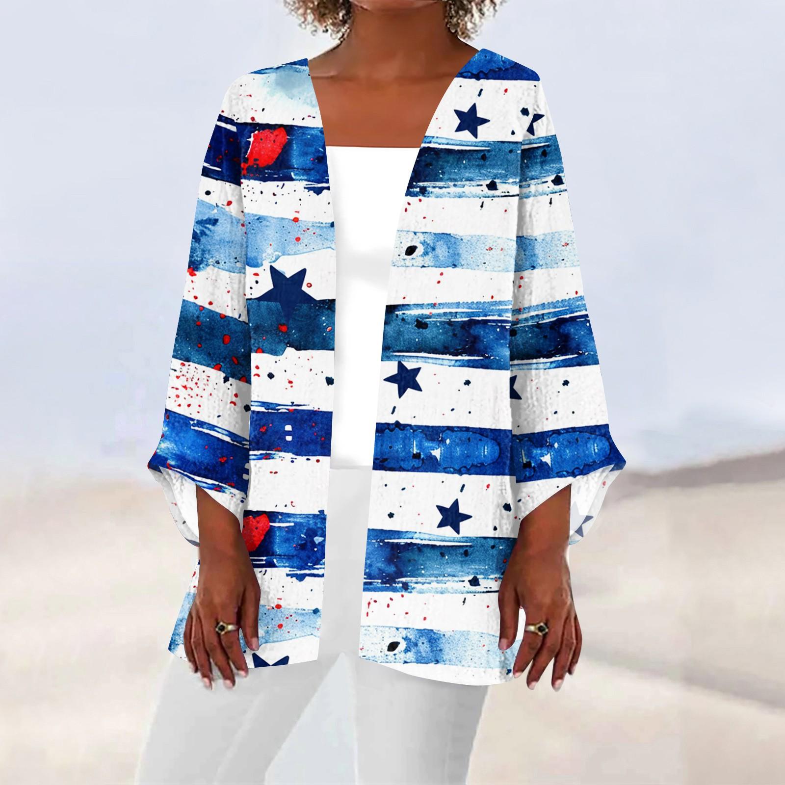 

Женская повседневная модная легкая куртка средней длины с принтом, кардиган S синий