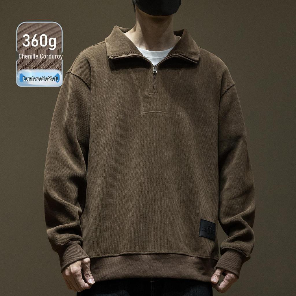 Men's Corduroy Half-High Collar Zipper Hoodie - Warm, Loose, Casual, Plus Velvet, Trendy Autumn/Winter Outerwear Sports Top